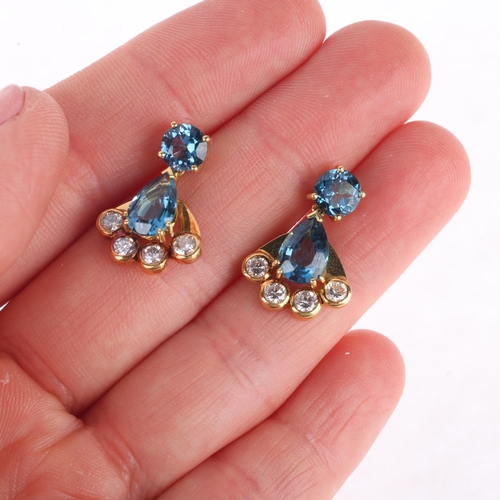 1159 - A pair of 18ct gold blue topaz diamond fan drop earrings, in the Art deco style, set with round and ... 