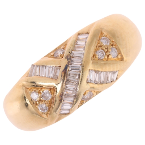 1161 - An 18ct gold diamond crossover bombe ring, set with tapered baguette and modern round brilliant-cut ... 