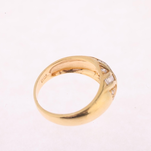 1161 - An 18ct gold diamond crossover bombe ring, set with tapered baguette and modern round brilliant-cut ... 