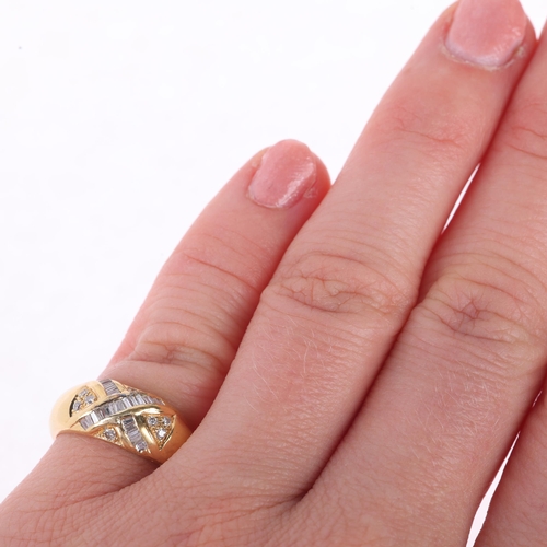 1161 - An 18ct gold diamond crossover bombe ring, set with tapered baguette and modern round brilliant-cut ... 