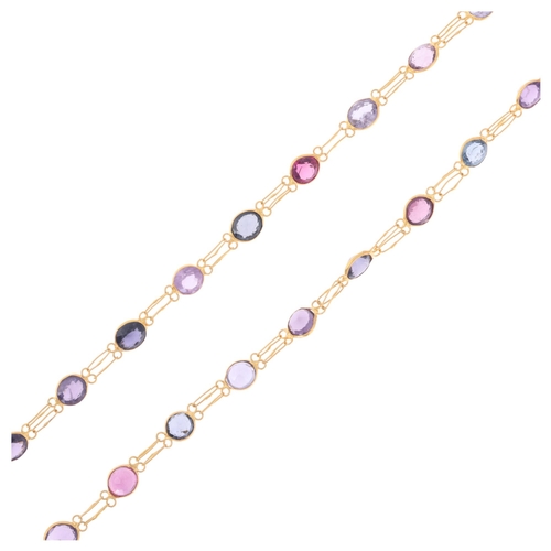 1162 - A 14ct gold vari-hue zircon line necklace, the bezel set graduated round and oval zircons with doubl... 