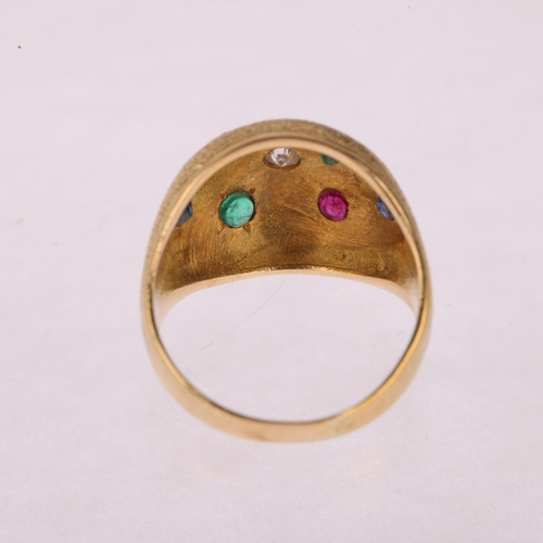 1163 - A French 18ct gold gem set bombe ring, set with diamond ruby emerald and sapphire on textured ground... 