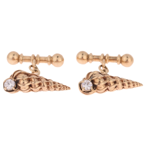 1170 - A pair of 9ct gold cubic zirconia auger seashell cufflinks, apparently unmarked but tests as 9ct, 21... 