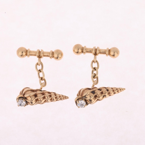 1170 - A pair of 9ct gold cubic zirconia auger seashell cufflinks, apparently unmarked but tests as 9ct, 21... 