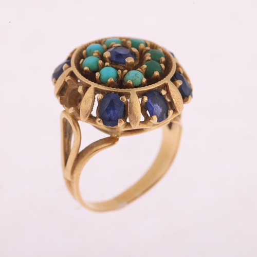 1174 - A Middle Eastern 18ct gold sapphire and turquoise flowerhead cluster ring, unmarked mount tests as 1... 