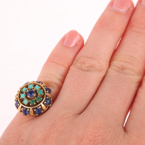 1174 - A Middle Eastern 18ct gold sapphire and turquoise flowerhead cluster ring, unmarked mount tests as 1... 