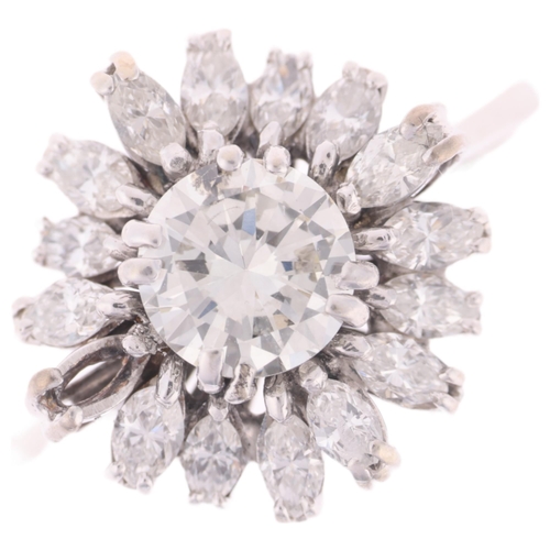 1176 - An 18ct white gold diamond flowerhead cluster ring, claw set with 0.85ct modern round brilliant-cut ... 