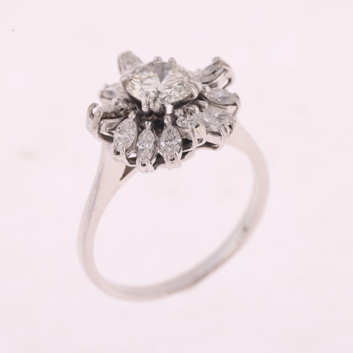 1176 - An 18ct white gold diamond flowerhead cluster ring, claw set with 0.85ct modern round brilliant-cut ... 