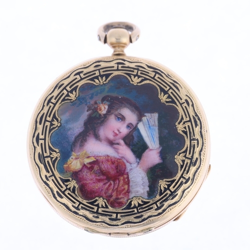 1038 - A 19th century Continental 18ct gold enamel open-face key-wind fob watch, by Eardley & Norton, circa... 