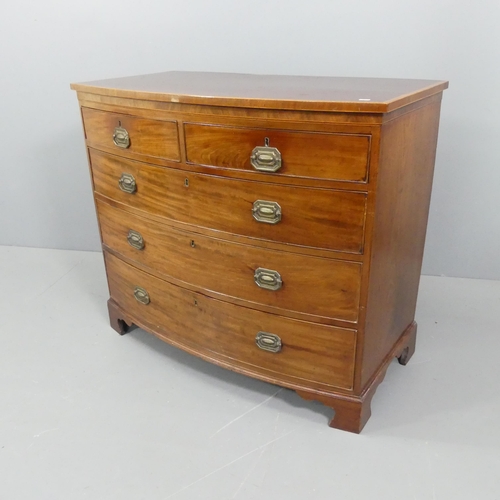 2114 - A Georgian mahogany and satinwood strung bow-front chest of two short and three long drawers, raised... 