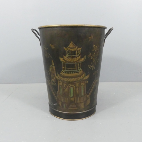 2193 - A painted Chinoiserie decorated metal bin. Overall 58x62m, base 48cm.