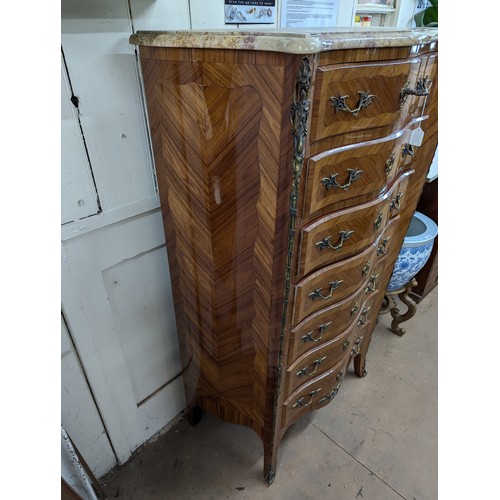 2275 - A French Kingwood and satinwood inlaid marble top semainier chest of seven drawers, with brass ormol... 