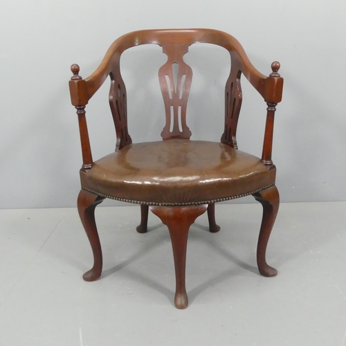 2221 - A George II style armchair with pierced splats above leather seat, on five legs with pad feet.