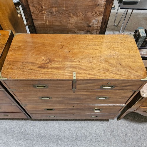 368 - A near pair of Victorian military/campaign chests, both 2 section brass bound mahogany with recessed... 