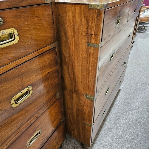 368 - A near pair of Victorian military/campaign chests, both 2 section brass bound mahogany with recessed... 