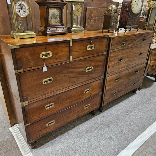 368 - A near pair of Victorian military/campaign chests, both 2 section brass bound mahogany with recessed... 