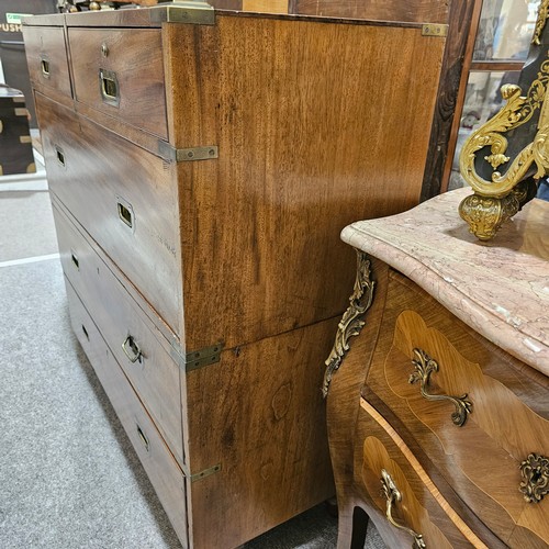 368 - A near pair of Victorian military/campaign chests, both 2 section brass bound mahogany with recessed... 