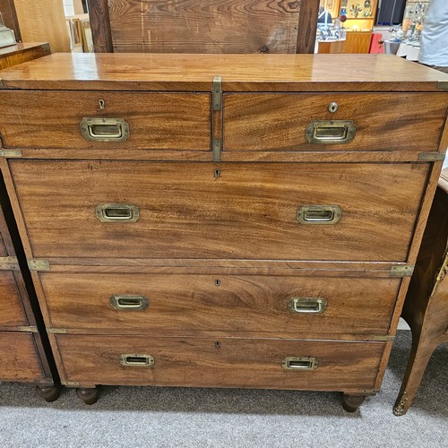 368 - A near pair of Victorian military/campaign chests, both 2 section brass bound mahogany with recessed... 