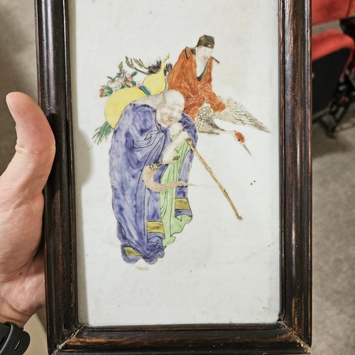 346 - 2 similar Chinese porcelain plaques with hand painted enamel figures, 1 with seal mark, both in stai... 