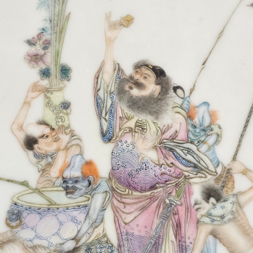 346 - 2 similar Chinese porcelain plaques with hand painted enamel figures, 1 with seal mark, both in stai... 