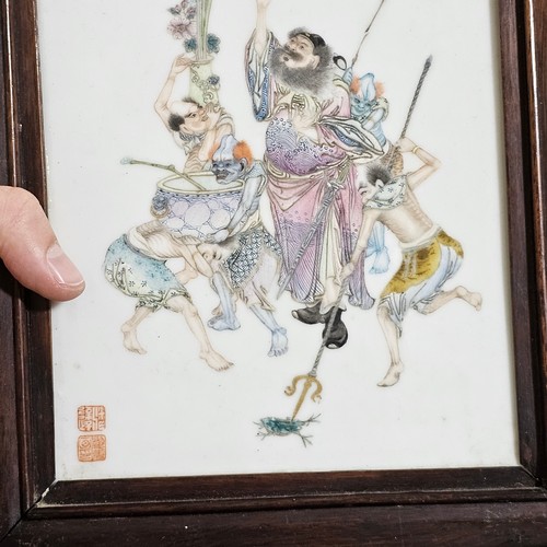 346 - 2 similar Chinese porcelain plaques with hand painted enamel figures, 1 with seal mark, both in stai... 