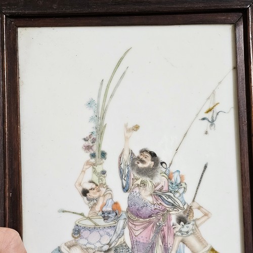 346 - 2 similar Chinese porcelain plaques with hand painted enamel figures, 1 with seal mark, both in stai... 