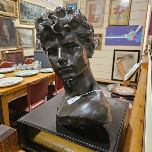 301 - Godefroid Devreese (1861 - 1941), bust of David, life-size patinated bronze sculpture, signed on rev... 