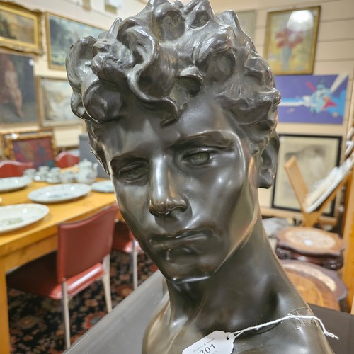 301 - Godefroid Devreese (1861 - 1941), bust of David, life-size patinated bronze sculpture, signed on rev... 