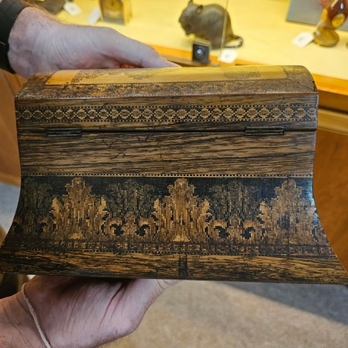 579 - A mid-19th century dome-topped Tunbridge Ware rosewood tea caddy, with pictorial dome depicting Bayh... 