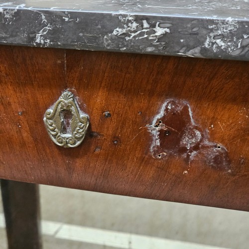 376 - A French Empire mahogany console table, with marble top, bronze mounted Classical figure pilasters a... 