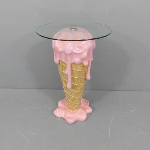 2336 - An unusual side table in the form of a raspberry ice-cream cone with circular glass top. 48x72cm.