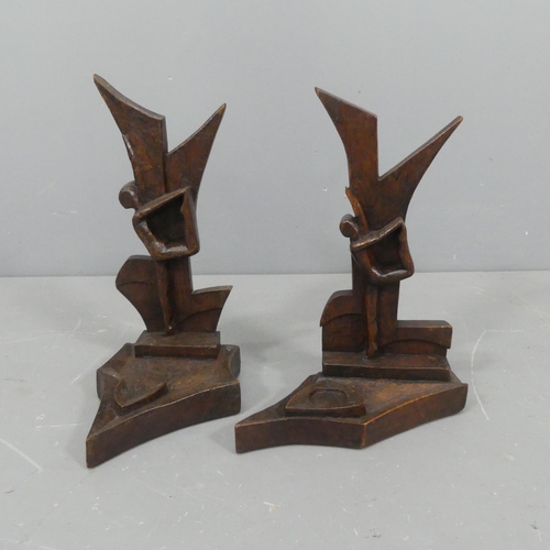 2340 - A pair of French Art Deco carved oak figural bookends, signed to underside Johnny Ludecher. Height 4... 