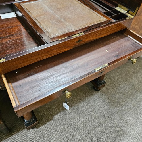 490 - A George III mahogany writing desk, with double fold-out top enclosing a fitted interior, single fri... 