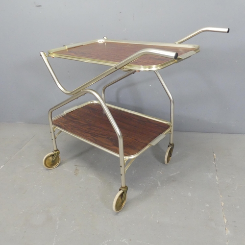 2505 - A modern two-tier drinks trolley, with rosewood effect trays on tubular metal frame. 85x72x45cm.