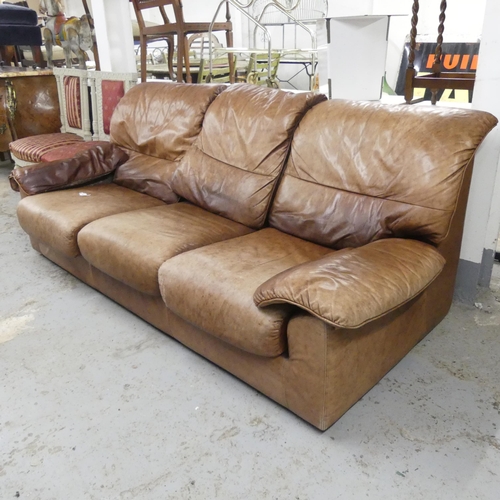 2508 - A modern leather-upholstered three-seater sofa, labelled for Leather Land. Overall 215x85x95cm, seat... 