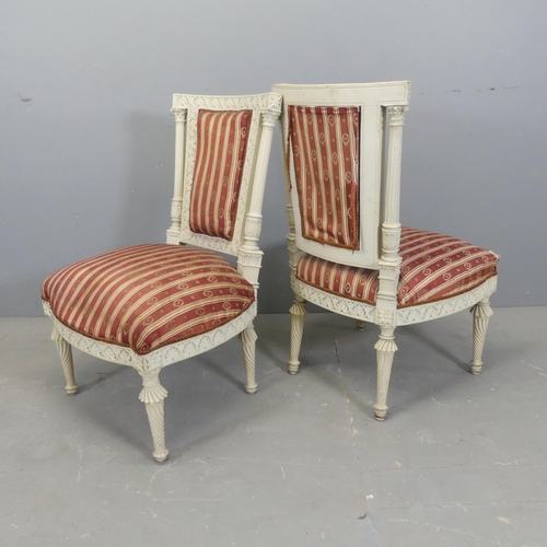 2509 - A set of three French bedroom / side chairs, with carved and painted wooden frames and upholstered s... 