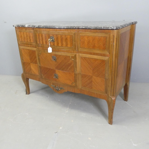 2512 - An antique French oak and Kingwood marquetry inlaid Transition style chest of three drawers, with ma... 