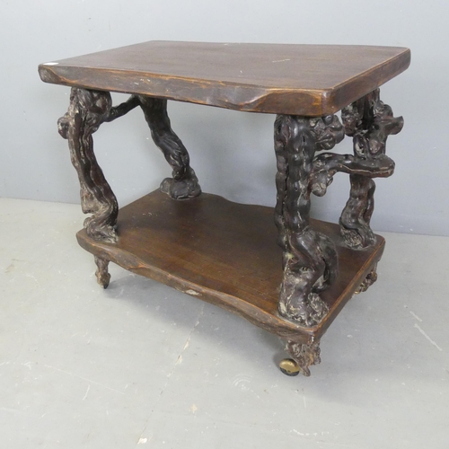 2517 - An oak two-tier side table, with rootwood supports and brass coasters. 80x74x48cm.