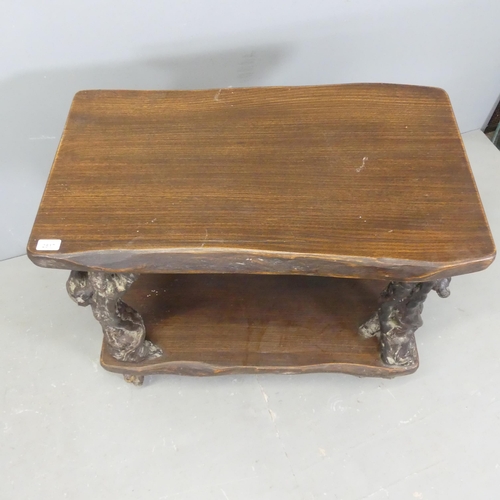 2517 - An oak two-tier side table, with rootwood supports and brass coasters. 80x74x48cm.