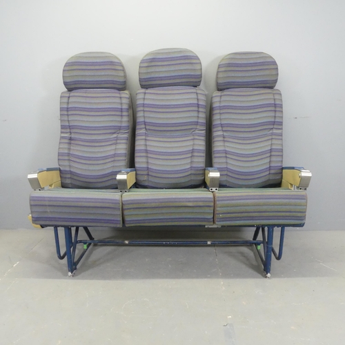 2528 - A 1960s BOAC triple airline seat, from a Vickers VC10, with purpose made metal base. Overall 151x133... 