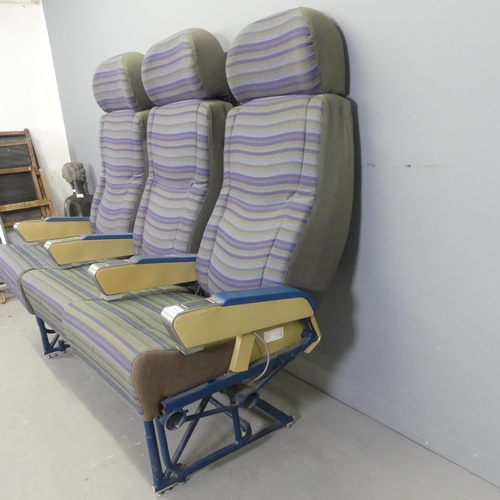 2528 - A 1960s BOAC triple airline seat, from a Vickers VC10, with purpose made metal base. Overall 151x133... 