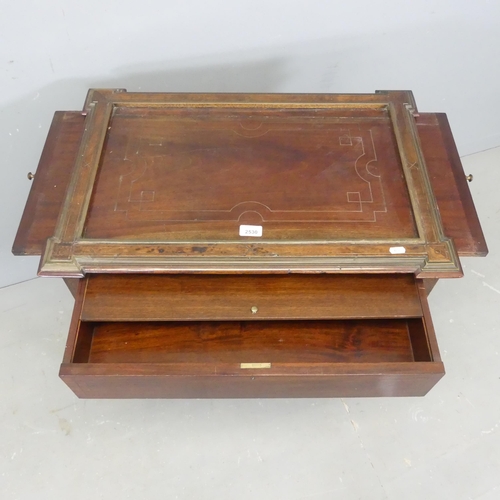 2530 - An early 20th century continental oak writing / side table, with inlaid brass decoration, end slides... 