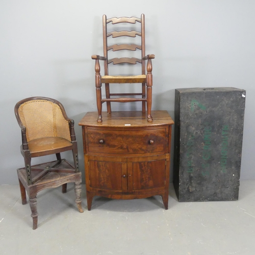 2557 - An early 20th century mahogany and ebony strung bow-front cabinet, 68x72x47cm, a child's French oak ... 