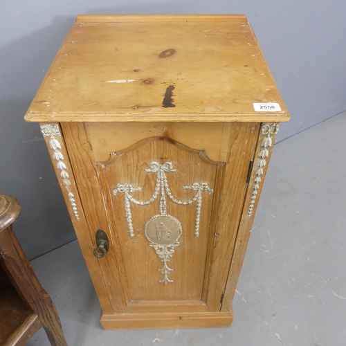 2558 - A French oak pot cupboard, 46x67x30cm, and a pine pot cupboard. (2)