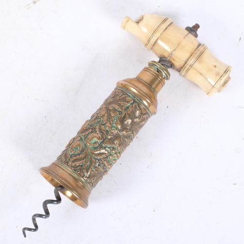 139 - An Antique Thomason corkscrew with bone handle (missing its brush), with floral embossed brass body