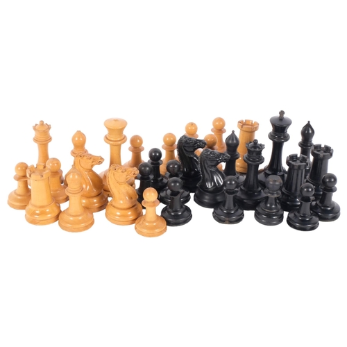 147 - A boxwood and ebony chess set, comprising Staunton and Jacques pieces, King height 8.7cm