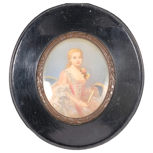 172 - A Victorian miniature watercolour on panel, portrait of a young lady holding a mask, indistinctly si... 