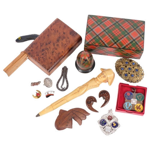 175 - A group of various items, including a Scottish Prince Charlie tartan box, a burr-yew snake in a box,... 