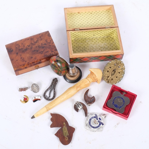 175 - A group of various items, including a Scottish Prince Charlie tartan box, a burr-yew snake in a box,... 