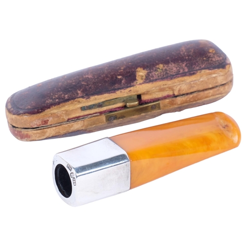 176 - A silver and amber cigar holder in fitted case